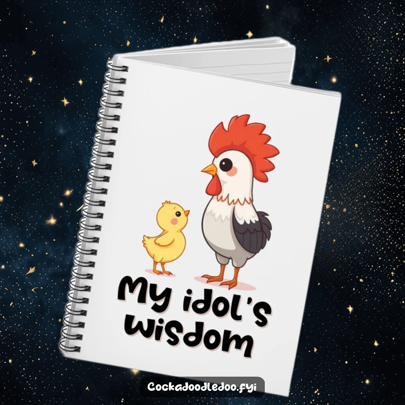 Funny rooster and chick illustration on a notebook, perfect for jotting down thoughts inspired by mentorship and admiration.