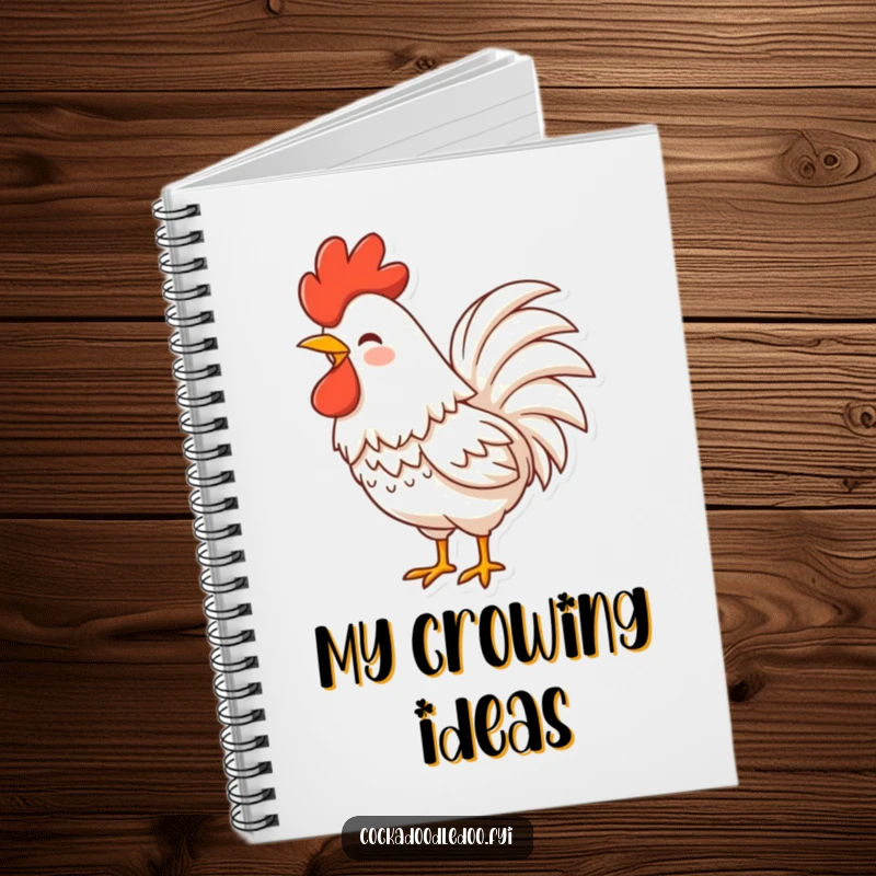 Funny Rooster Notebook with a character, fluffy tail feathers shaking with laughter, great for notes and doodles.