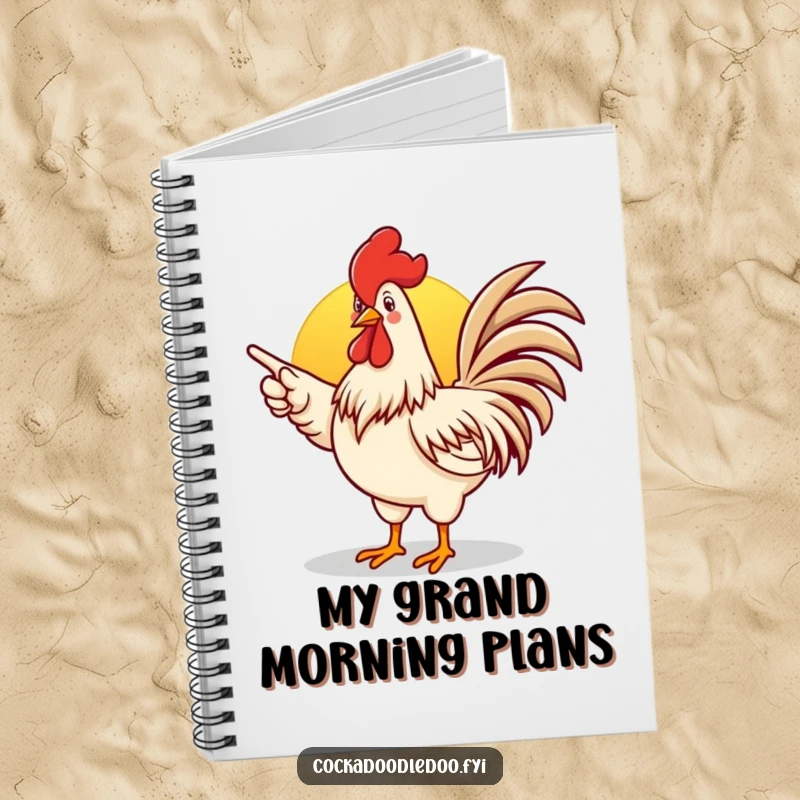 Funny rooster notebook featuring an enthusiastic rooster pointing towards a sunrise, perfect for notes.