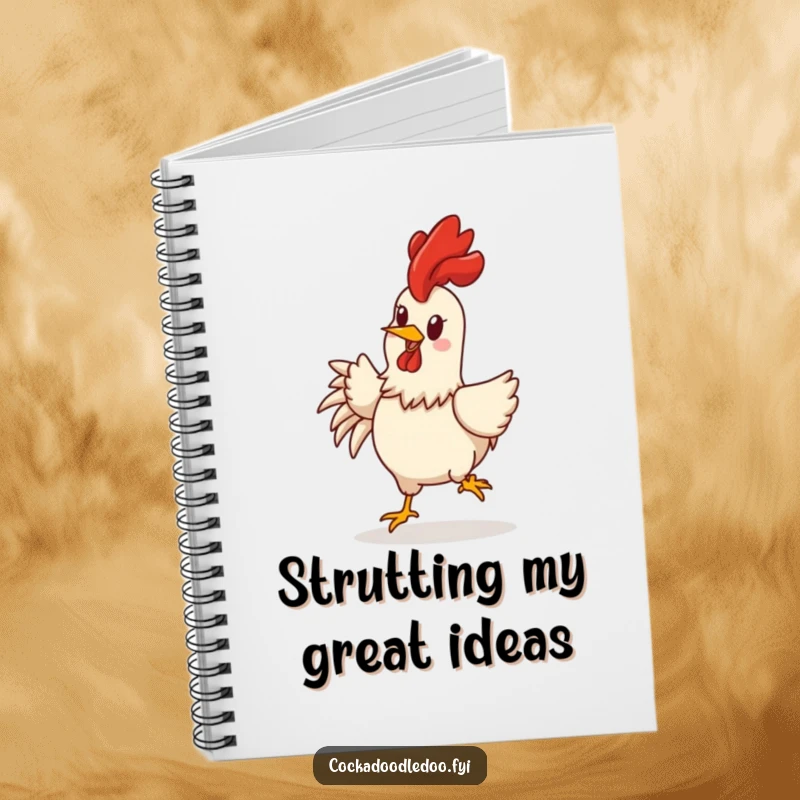 Funny rooster notebook featuring a cheerful character rooster with its comb held high, doing a joyful strut, inspiring happy notes.
