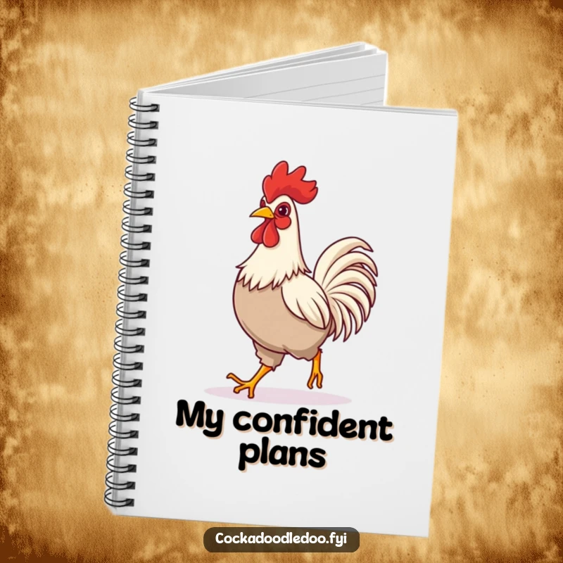 Funny notebook showcasing a rooster in a confident, happy stride, perfect for jotting down notes with a dose of humor.