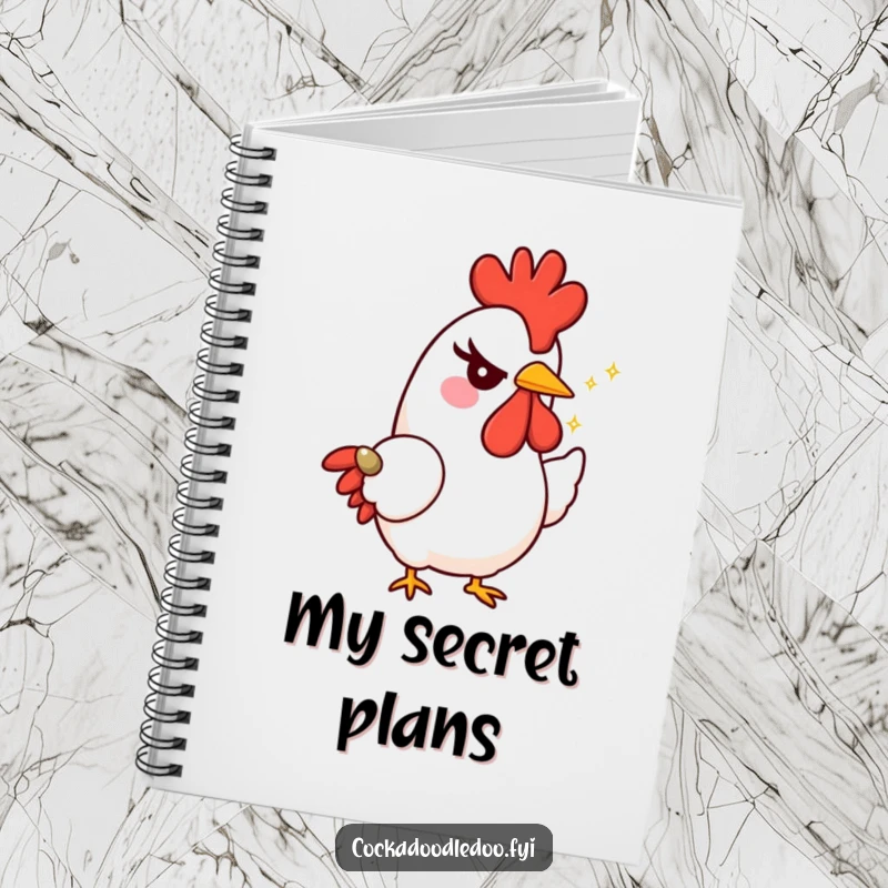 Funny rooster notebook featuring a character with a mischievous wink, offering a tiny, sparkling seed, ideal for stylish and playful note-taking.
