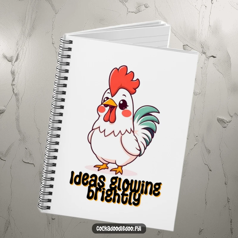 Funny Kawaii Rooster Comb Notebook: Adorable rooster with a vibrant, glowing comb, perfect for jotting down exciting thoughts with a humorous touch.