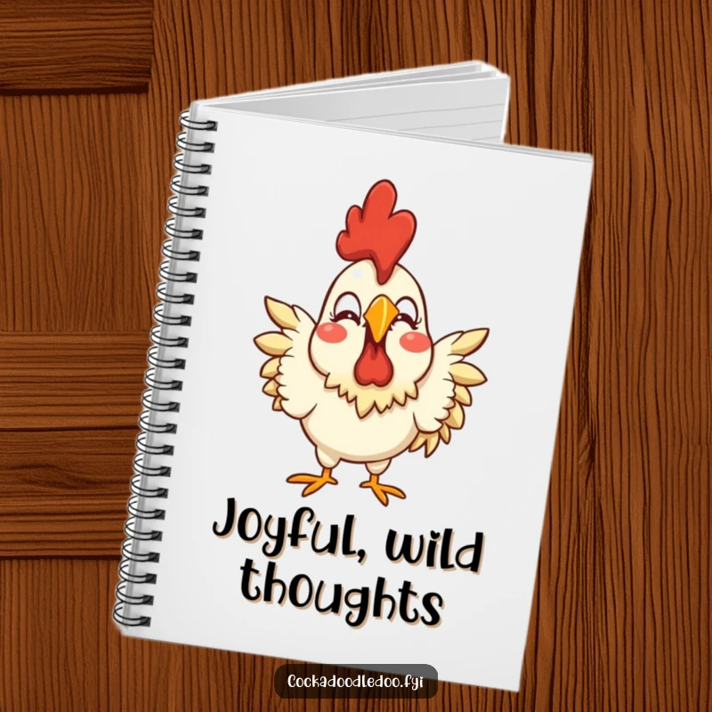 Funny notebook showcasing a stylized rooster with an exaggerated joyful expression, perfect for jotting down happy thoughts.