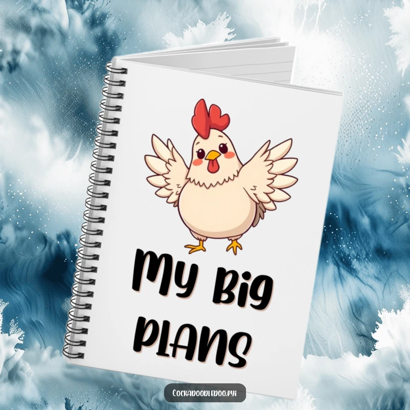 Funny notebook with a plump, cute rooster with a cheerful expression stretching its wings wide. Perfect for jotting down bright ideas.