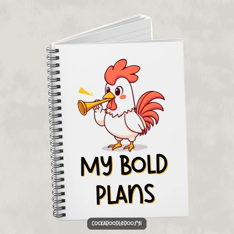 Funny rooster notebook featuring a proud character rooster with an exaggerated stance, blowing a tiny trumpet, inspiring bold ideas.