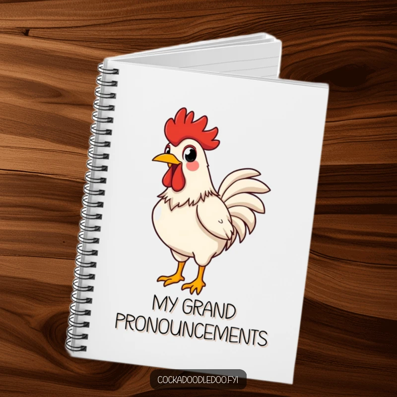 Funny rooster notebook with a proud rooster crowing loudly, chest puffed out, perfect for jotting down big ideas.