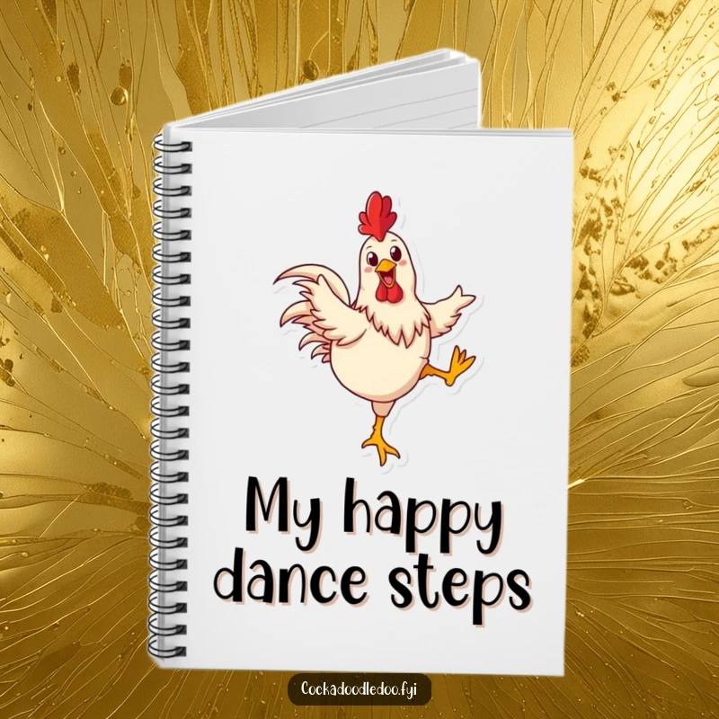 Funny rooster notebook with a happy rooster joyfully kicking its legs in a dance, perfect for jotting ideas.