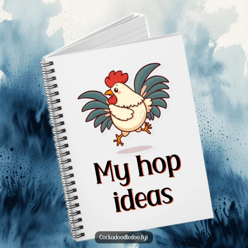 Funny rooster notebook featuring a character doing a silly hop with tail feathers fanned out, ideal for stylish and energetic note-taking.