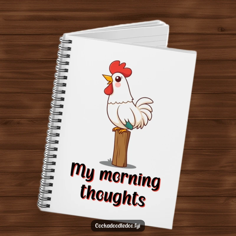 Funny Kawaii rooster notebook with a cute rooster perched on a fence, head thrown back joyfully crowing, perfect for morning notes.