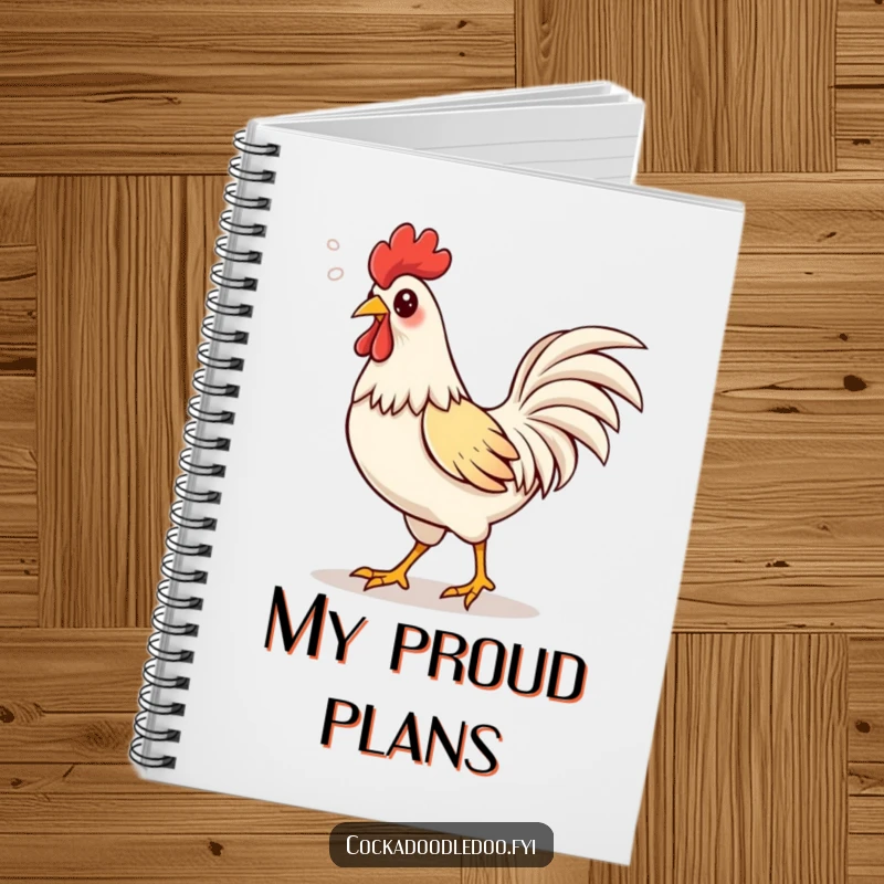 Funny Kawaii rooster notebook with a cute rooster strutting proudly, puffs of air escaping its beak in a happy sound.