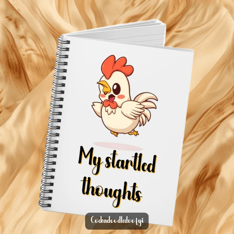 Funny Kawaii rooster notebook featuring a startled character comically hopping backwards. Ideal for notes and ideas.