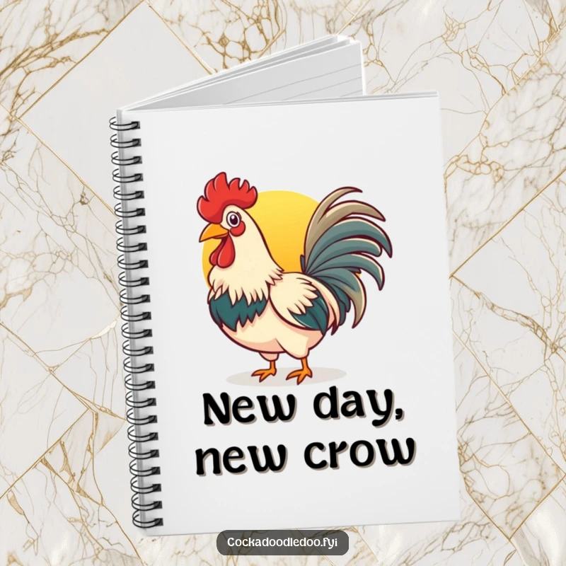 Funny rooster notebook featuring a cheerful bird crowing at the sunrise, ideal for journaling and note-taking.