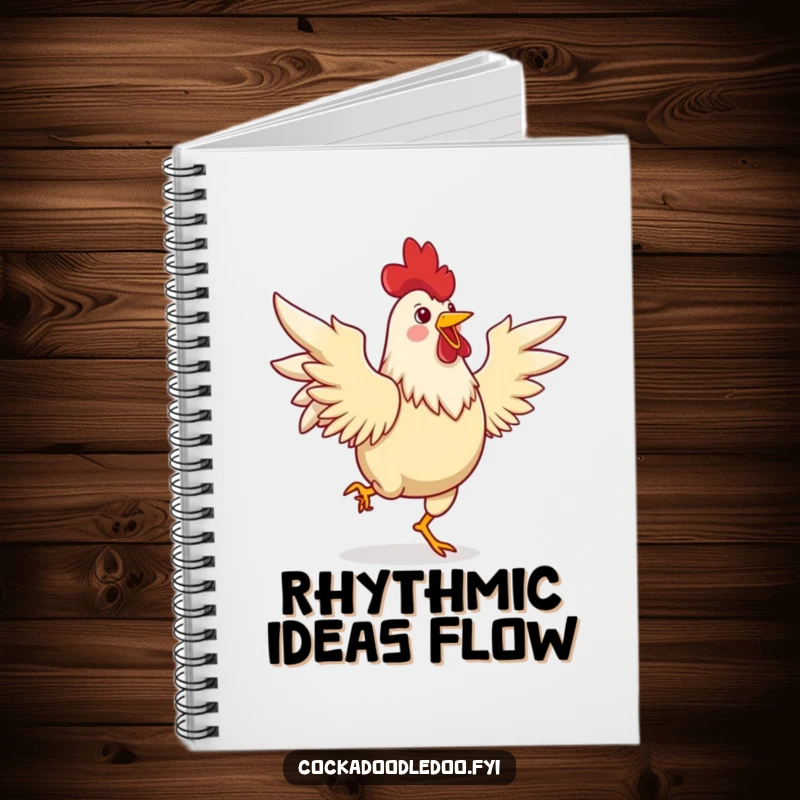 Funny notebook with a joyful rooster dancing a lively jig with its wings spread, ideal for notes, planning, and energetic reminders.