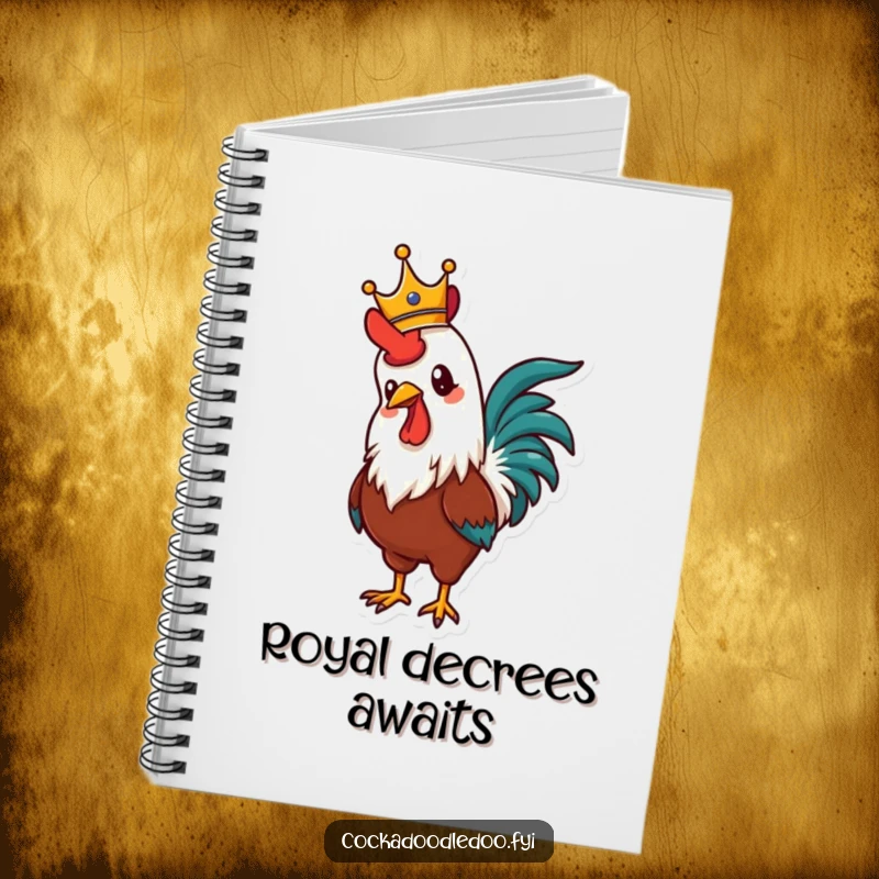 Funny notebook cover featuring a proud rooster wearing a crown, crowing with pride, perfect for jotting down ambitious plans and royal decrees.