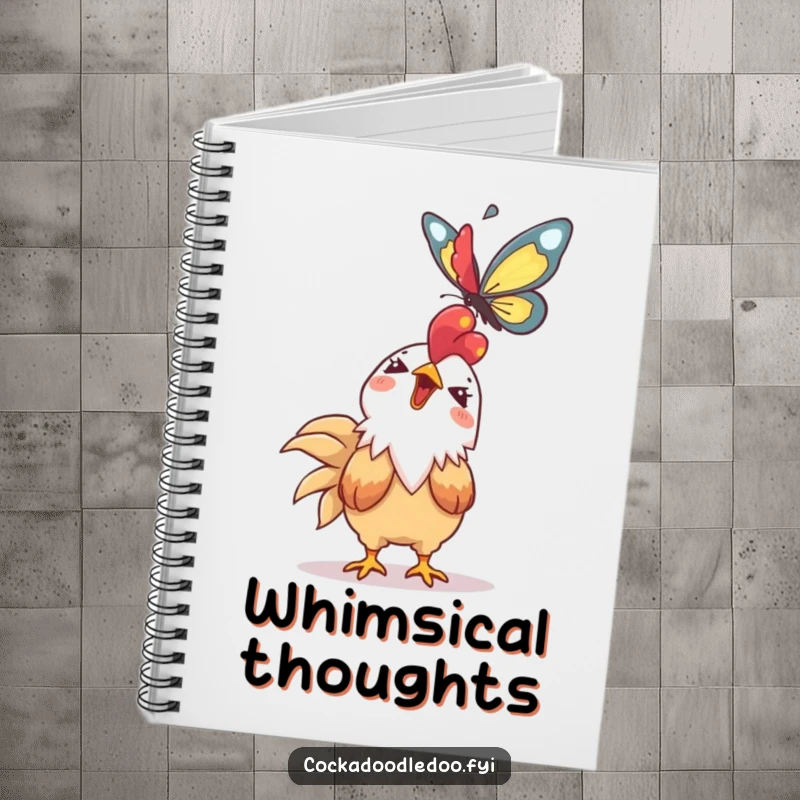 Funny Kawaii rooster notebook featuring a giggling character looking up at a soaring butterfly. Great for notes.