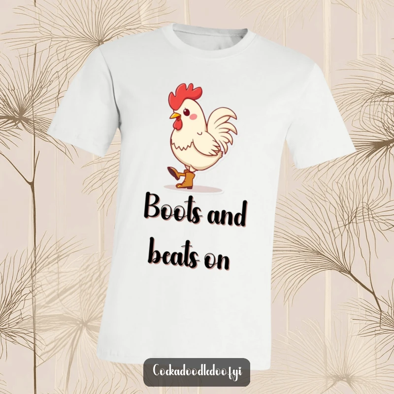 Funny Kawaii Rooster Boots T-Shirt: Adorable rooster character sporting tiny boots and rhythmically tapping its foot, exuding playful energy.