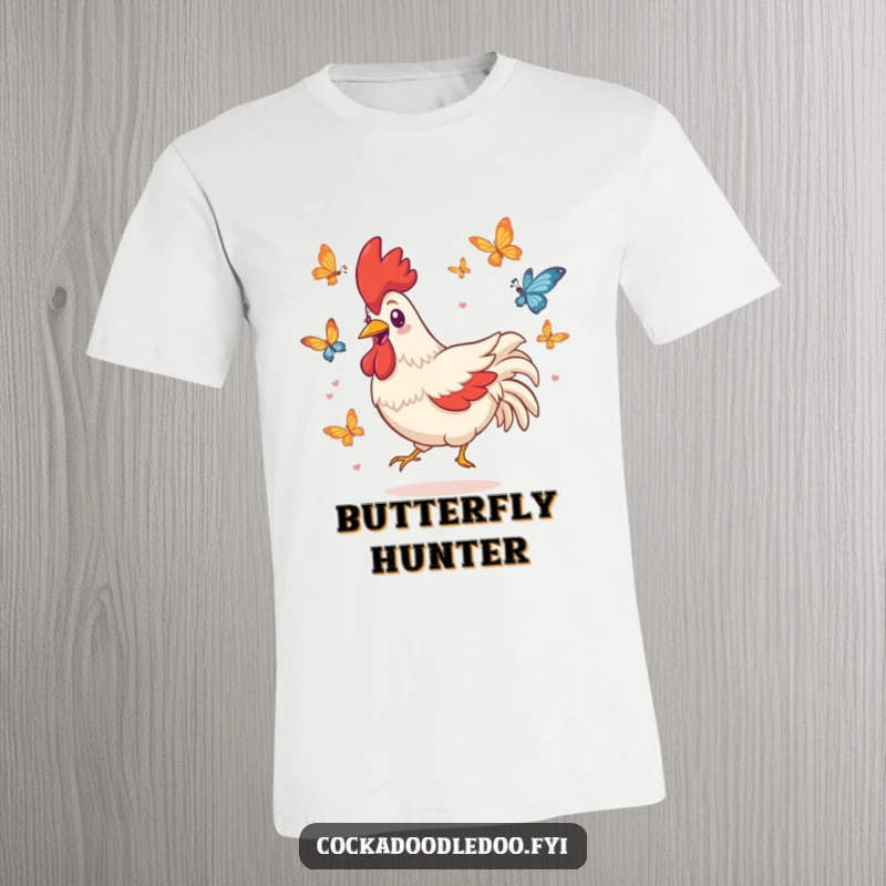 Funny t-shirt with a playful Kawaii rooster character grinning widely as it chases fluttering butterflies.