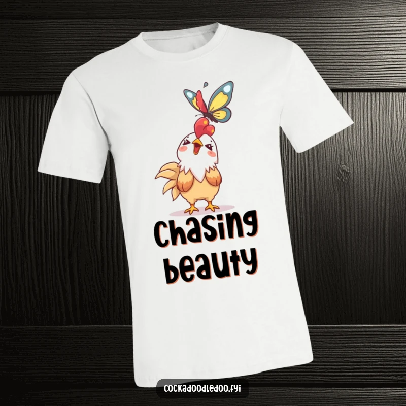 Funny Kawaii rooster t-shirt depicting a giggling character looking up with delight at a soaring butterfly. Playful and charming.