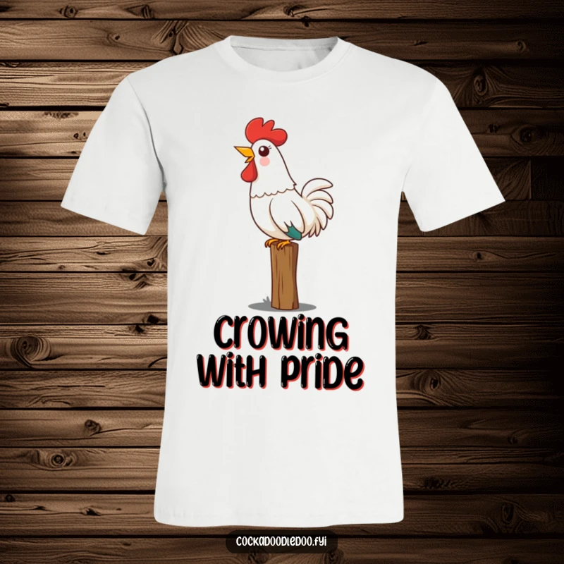 Funny Kawaii rooster t-shirt depicting a cute rooster perched on a fence, head thrown back in a joyful crow.