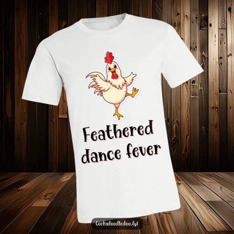 Funny rooster t-shirt of a happy rooster energetically kicking its legs in a comical, joyful dance.