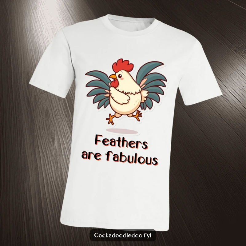 Funny rooster character T-shirt, captured mid-silly hop with tail feathers fanned out, radiating energetic and playful vibes.