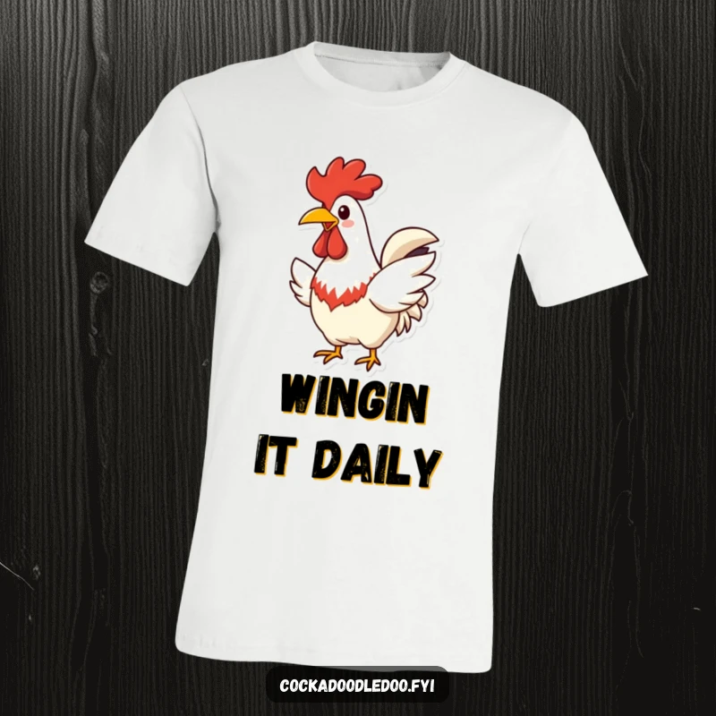 Funny Rooster T-Shirt, wide cheerful beak, flapping wings happily, a humorous graphic tee.