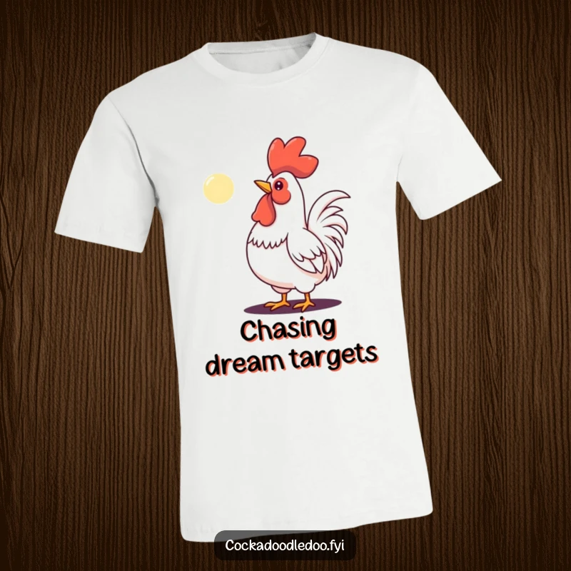 Funny t-shirt graphic of a rooster determinedly crowing at a tiny moon, conveying a sense of heroic struggle.