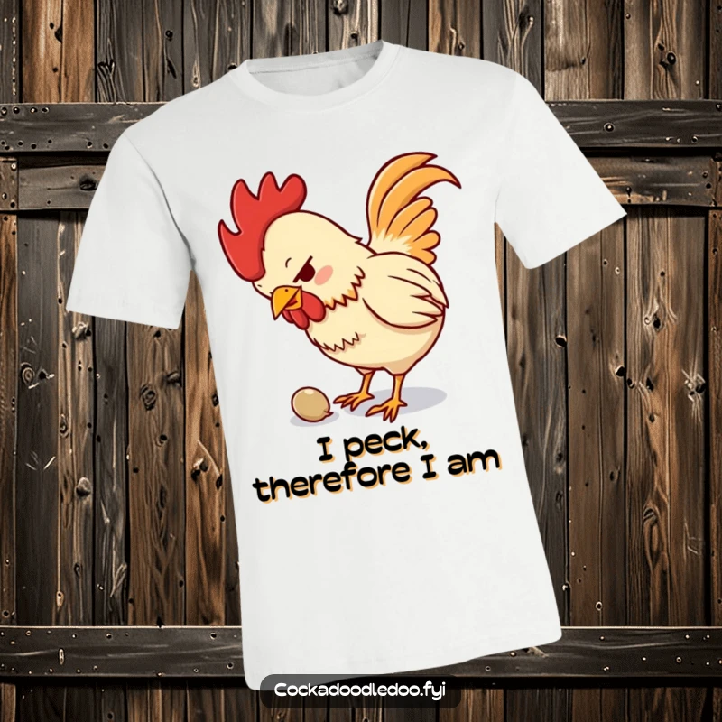 Funny t-shirt featuring a small, incredibly determined rooster enthusiastically pecking at a very tiny seed, full of focus.