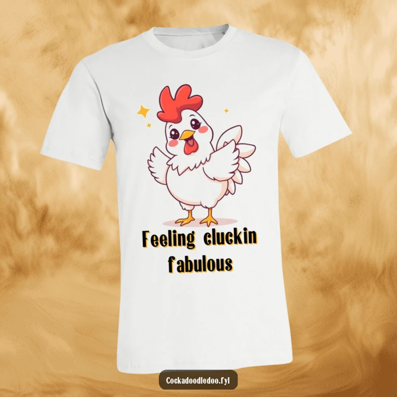 Funny t-shirt featuring a rooster beaming with a wide grin and sparkling eyes, performing a joyous celebratory flutter.
