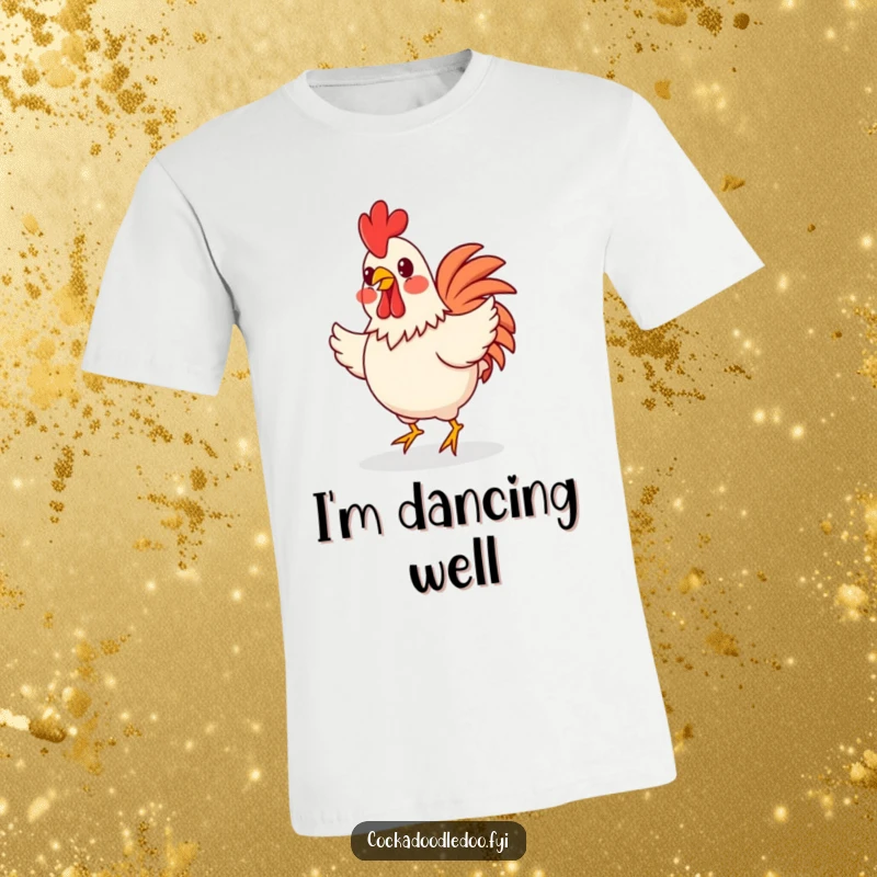 Funny happy rooster with rosy cheeks performing a little jig on a t-shirt, embodying pure joy and playful movement.