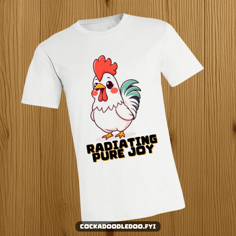 Funny Kawaii Rooster Comb T-Shirt: Adorable rooster character with a vividly glowing comb, symbolizing pure, infectious excitement.