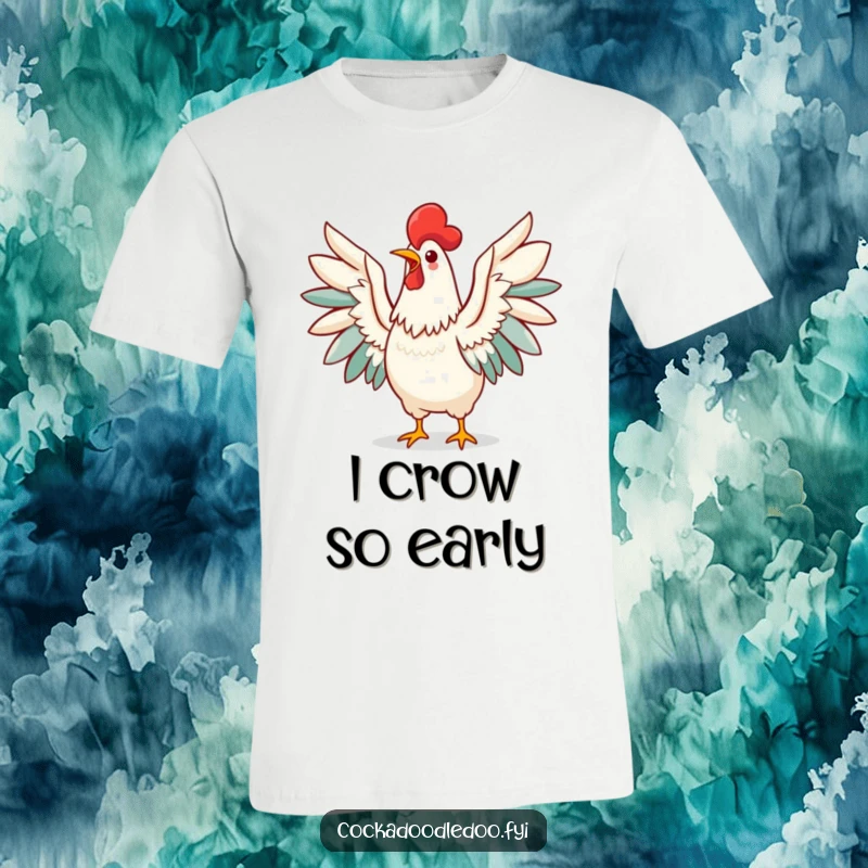 Funny Kawaii Rooster T-Shirt showing a cheerful bird mid-crow, wings spread, full of life and morning enthusiasm.
