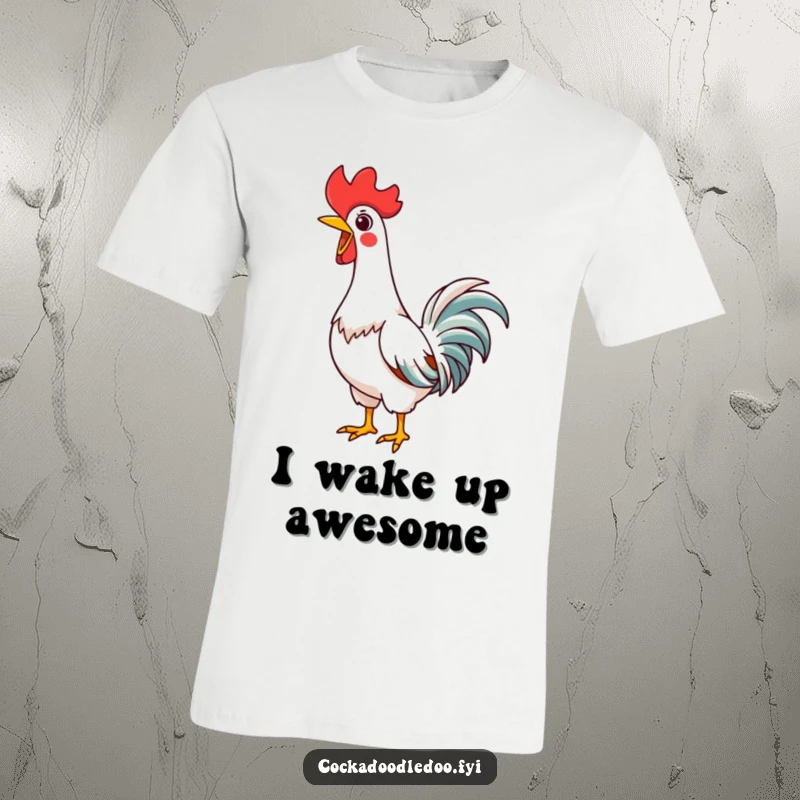 Funny Kawaii Rooster T-Shirt, neck stretched high, letting out a joyful crow, a humorous graphic tee.
