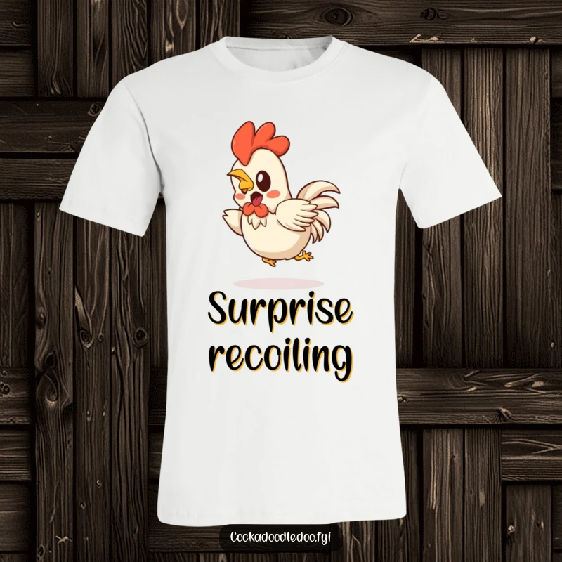 Funny Kawaii rooster t-shirt depicting a startled character mid-hop backwards, eyes wide in comical surprise. Humorous and fun.