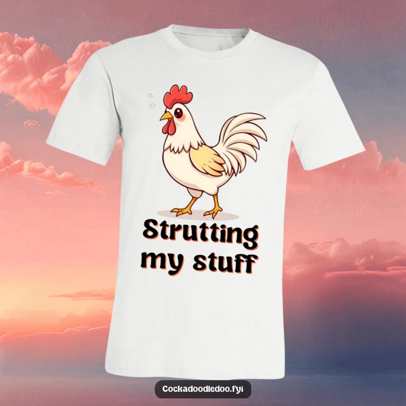 Funny Kawaii rooster t-shirt depicting a cute rooster strutting proudly, puffs of air escaping its beak in a happy sound.