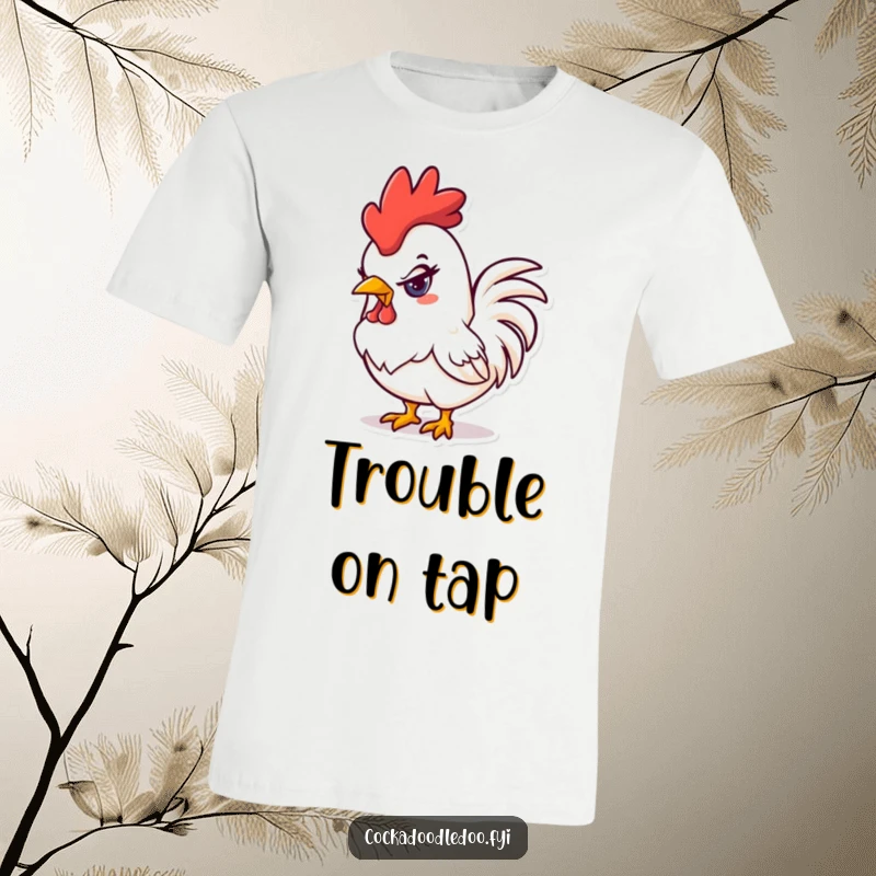 Funny mischievous kawaii rooster t-shirt featuring a rooster with a naughty glint in its eye, ready for antics.