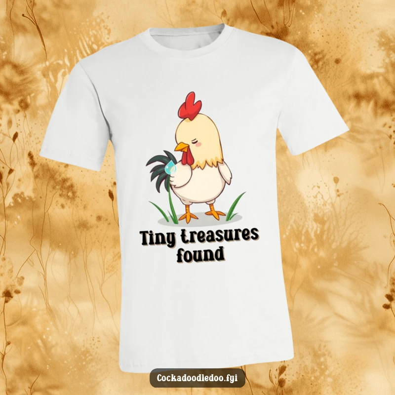 Funny playful rooster t-shirt, pecking at a shiny dewdrop on grass. A whimsical and humorous nature-themed gift for tee lovers.