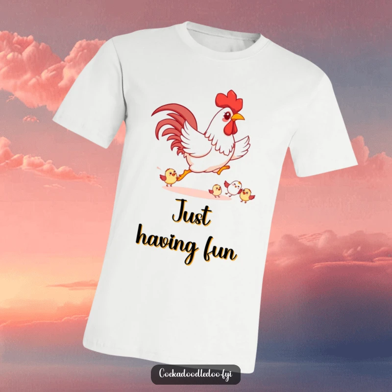Funny Rooster T-Shirt, playfully chasing smaller cartoon birds happily, a humorous graphic tee.