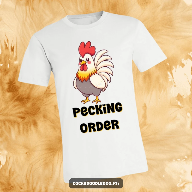 Funny Rooster T-Shirt: A stylized rooster with vibrant feathers puffing its chest out in a display of bold pride.