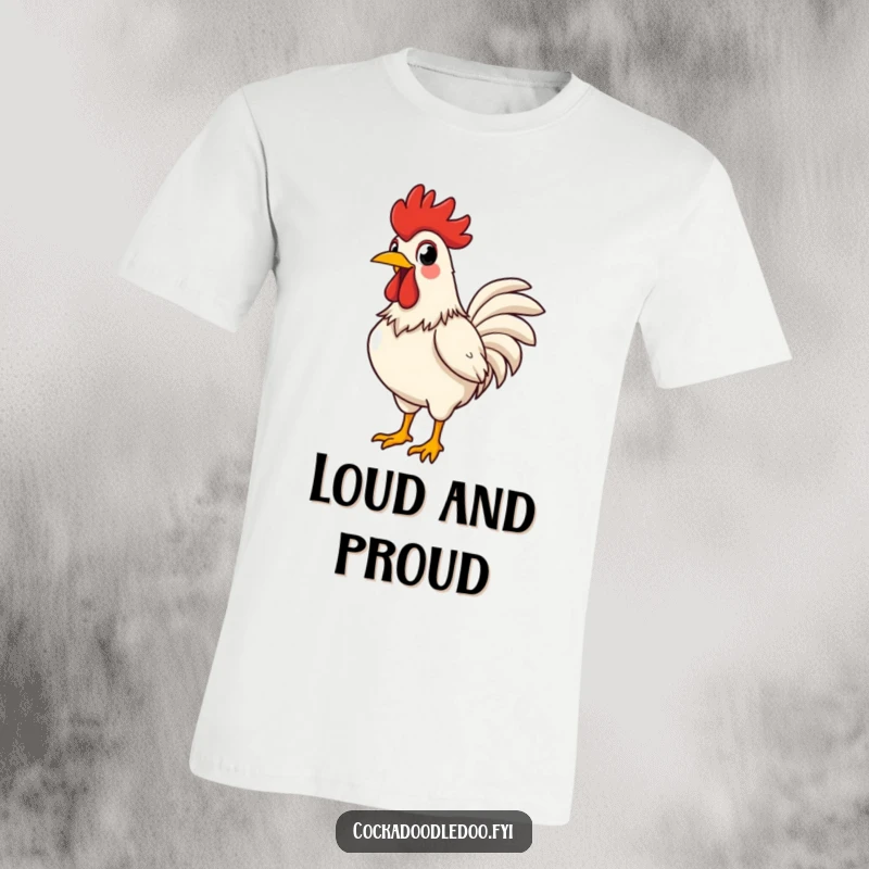 Funny rooster t-shirt of a proud rooster puffing its chest and crowing with exaggerated, comical delight.