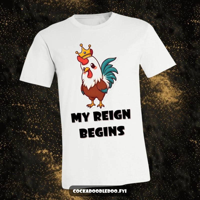 Funny t-shirt depicting a majestic rooster adorned with a crown, crowing with immense pride, celebrating its glorious morning reign.