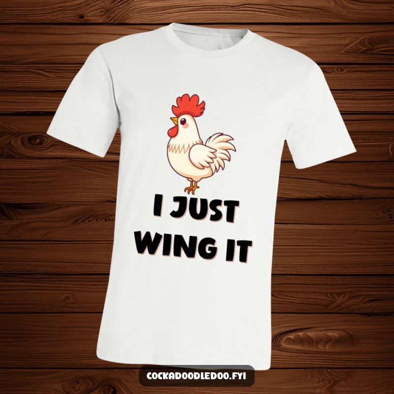 Funny t-shirt with a single, proud rooster feather gracefully floating down in a playful, whimsical swirl.