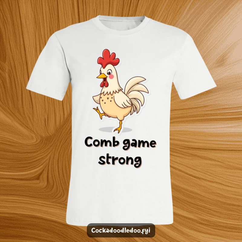 Funny Rooster Jig T-Shirt: A comical rooster performing a lively dance, its comb bobbing with infectious energy.