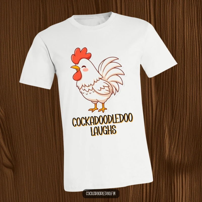 Funny Rooster T-Shirt showing a character with fluffy tail feathers shaking with laughter, embodying spirited, hearty amusement.