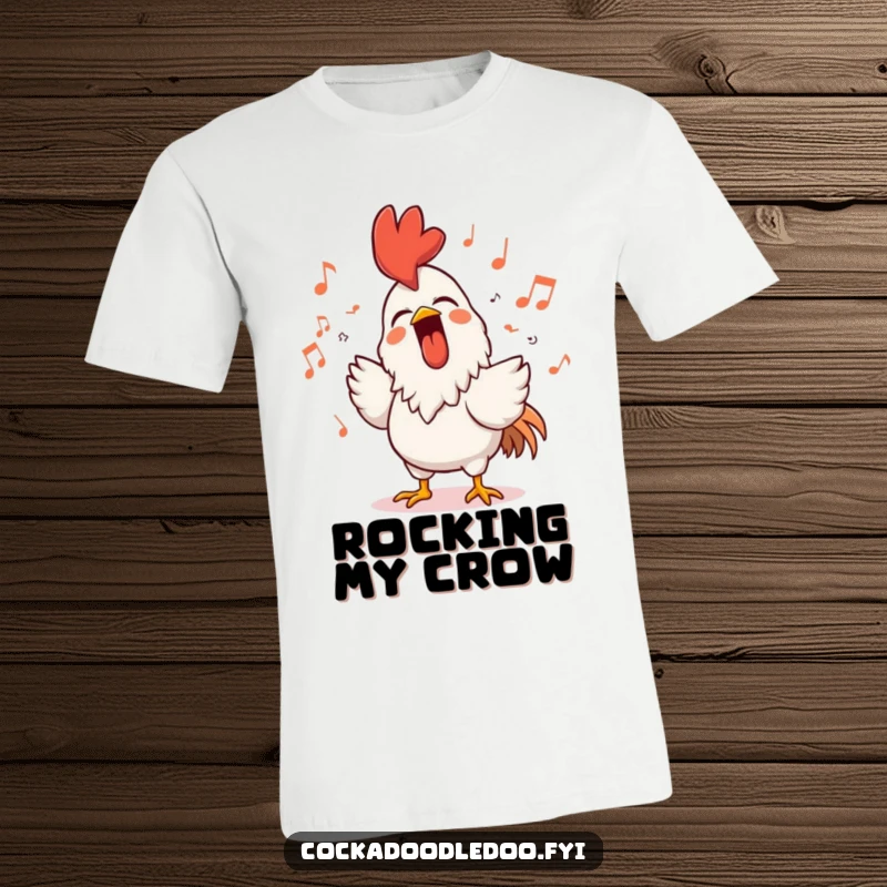 Funny rooster character T-shirt, captured singing loudly with a beaming smile, surrounded by musical notes, radiating pure musical happiness.