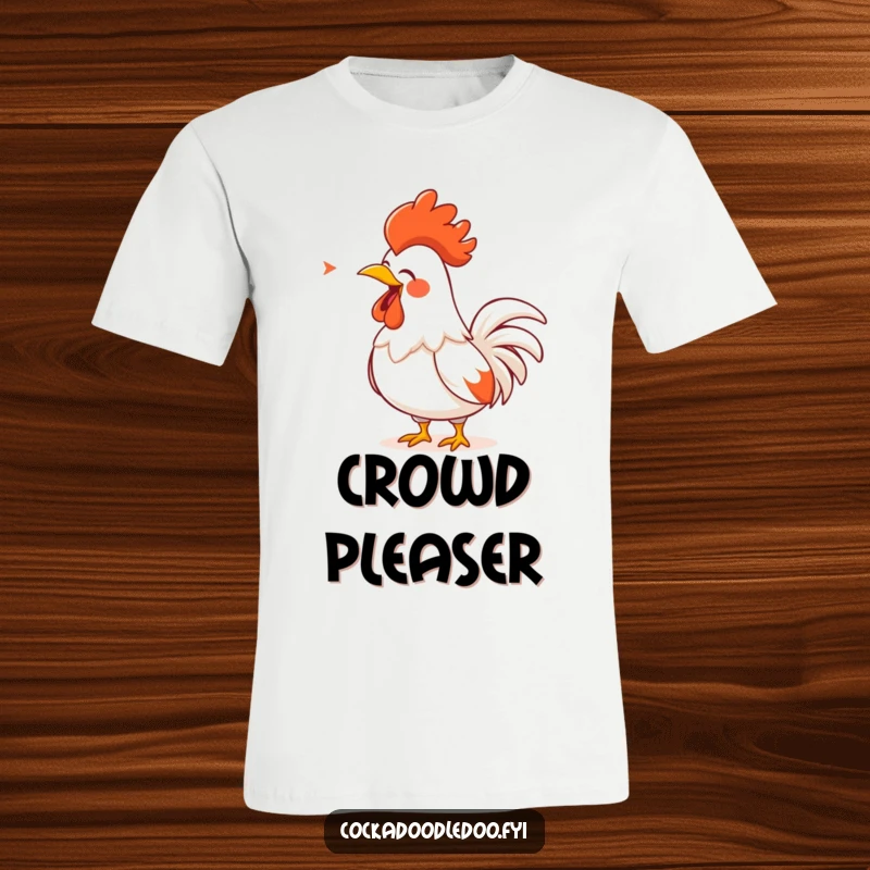 Funny Rooster T-Shirt: A cartoon rooster with a golden comb energetically singing a loud song with gusto.