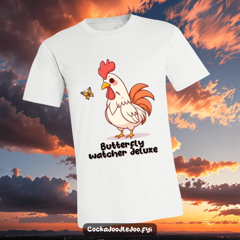 Funny t-shirt featuring an amused rooster character chuckling visually while observing a butterfly flutter near it.