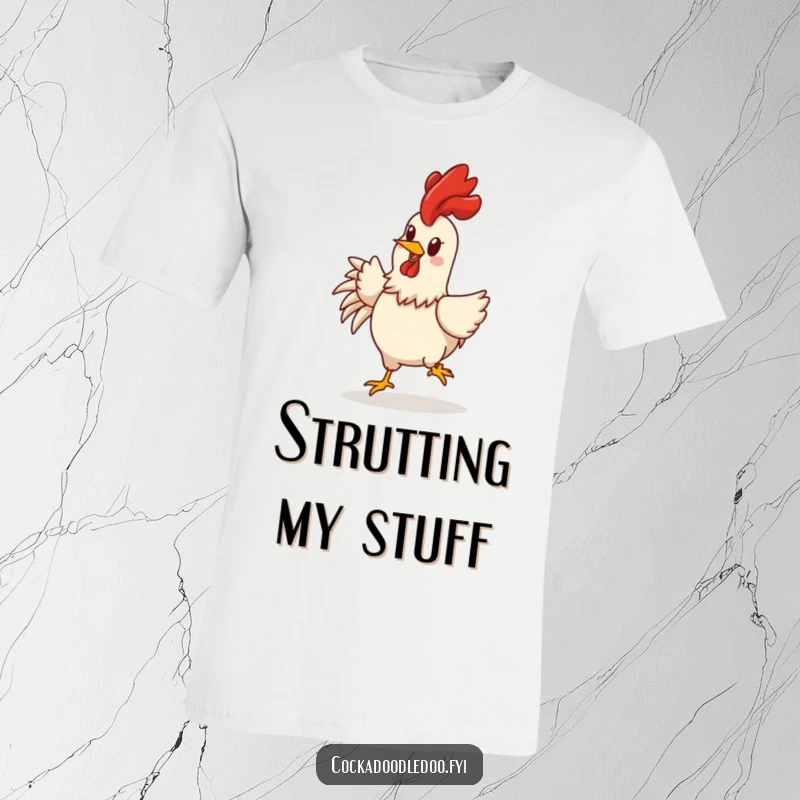 Funny rooster t-shirt showing a cheerful character rooster with its comb held high, doing a happy and joyful little strut.