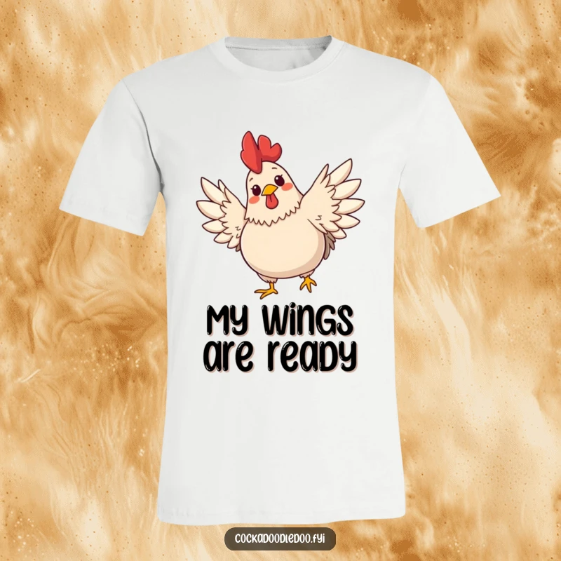 Funny t-shirt of a plump, cute rooster with a cheerful expression stretching its wings wide. Bold and amusing.